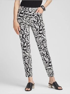 Chico’s Brigitte Slim Pull-On Ankle Black White Floral Pattern Pants 2.5 Size 14